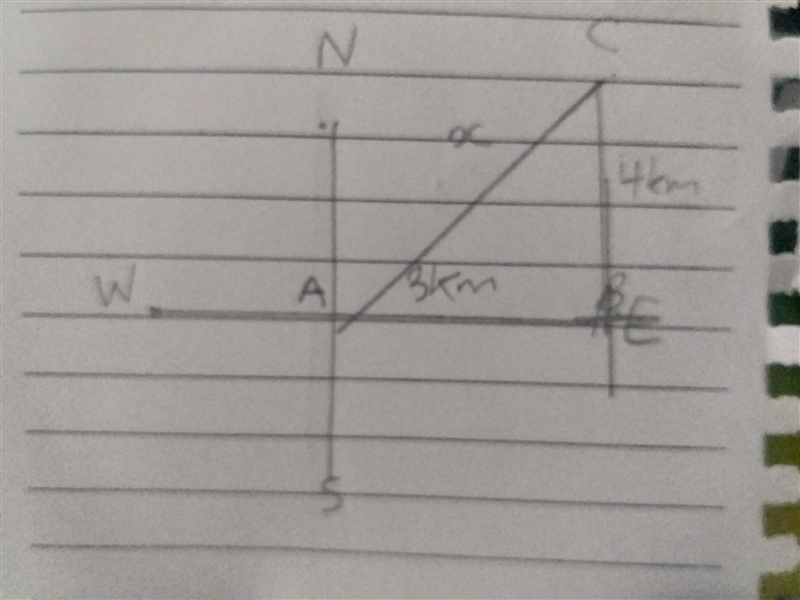 Tom starts at point A and then walk 3km east to point B and then walks 4km north to-example-1