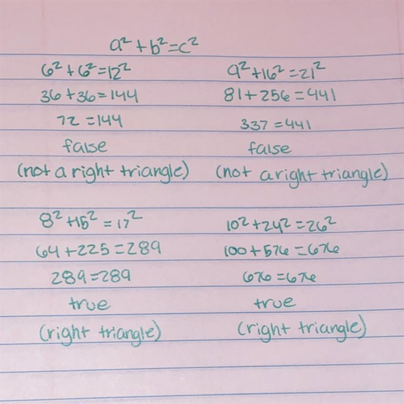 Determine whether or not each set of side lengths would form a right triangle.-example-1