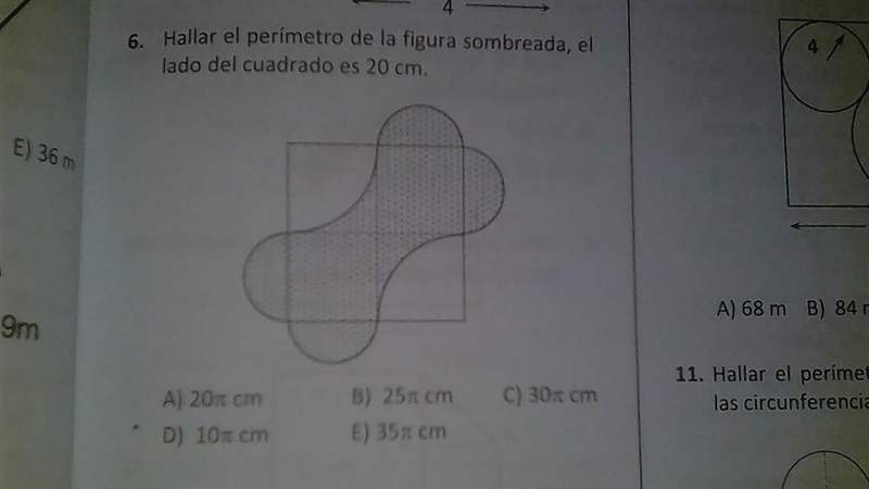 9. Hallar el perímetro de la figura sombreada. Lado del cuadrado 6 m. (Las curvas-example-1