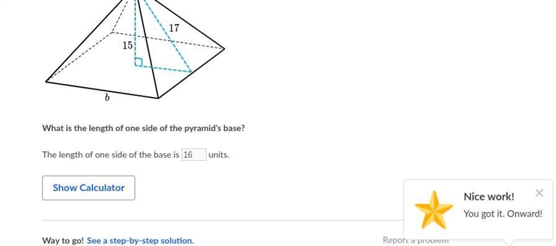 The square pyramid shown below has a slant height of 171717 units and a vertical height-example-1