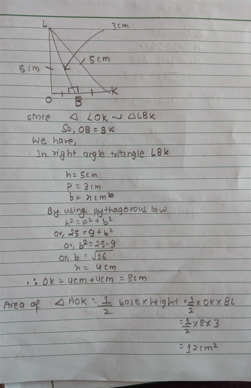 1) त्रिभुज LOK को क्षेत्रफल पत्ता लगाउनुहोस् । जहाँ LO= LK = 5cm र LB=3cm छन्। Find-example-1