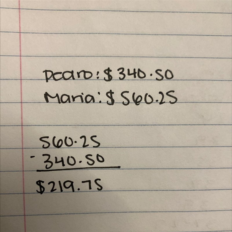 Pedro owes $340.50; Maria owes 560.25. How much more money is Maria’s debt compare-example-1