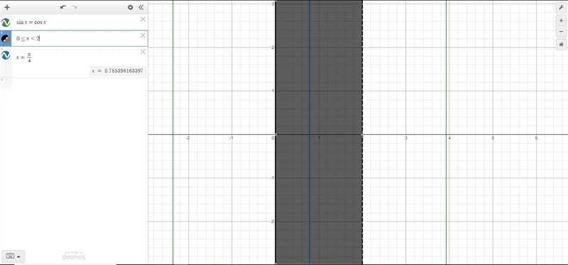 Find the angle (if it exists) in the interval [0, 2 ) for which sin = cos-example-1