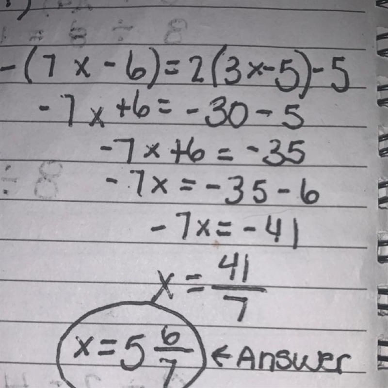 What is the solution to the equation -(7x – 6) = 2(3x – 5) – 5x ?-example-1