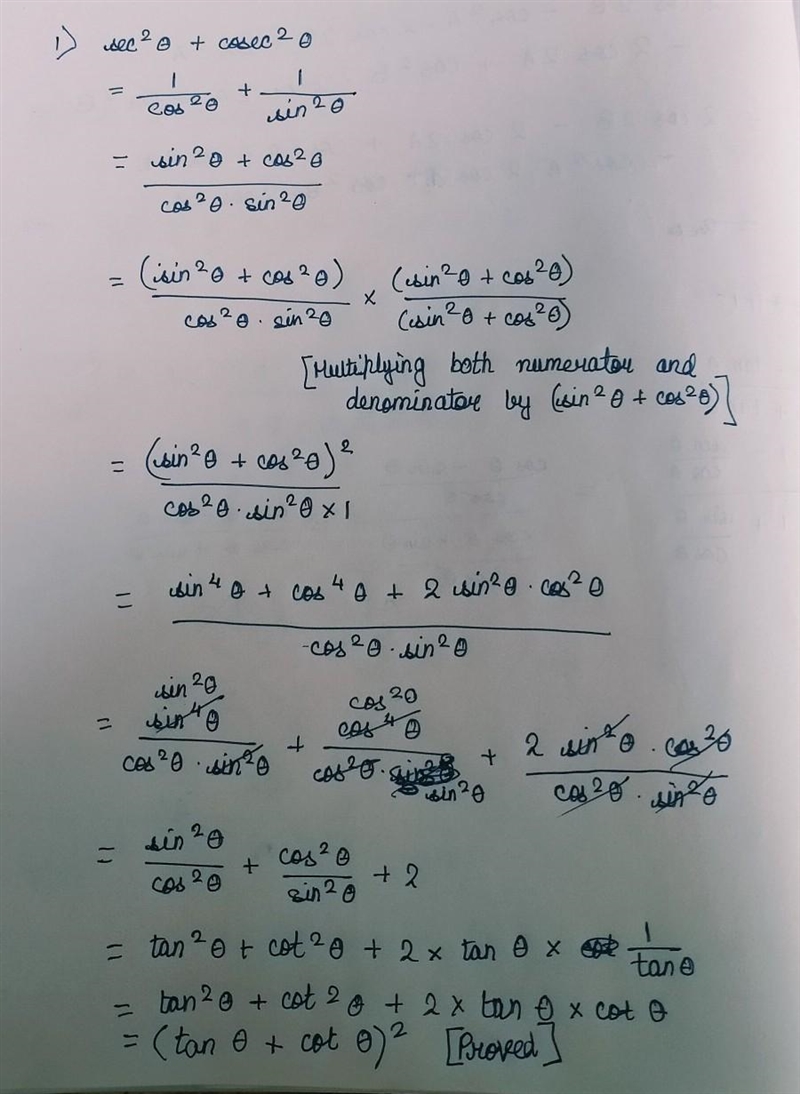 Prove that : Question 1 : sec^2 \theta +cosec^2\theta = (tan \theta +cot \theta )^2 Question-example-1