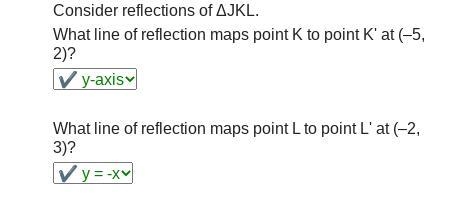 Consider reflections of ΔJKL. What line of reflection maps point K to point K' at-example-1