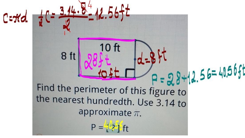 Find the perimeter of this figure to the nearest hundredth. Use 3.14 to approximate-example-1