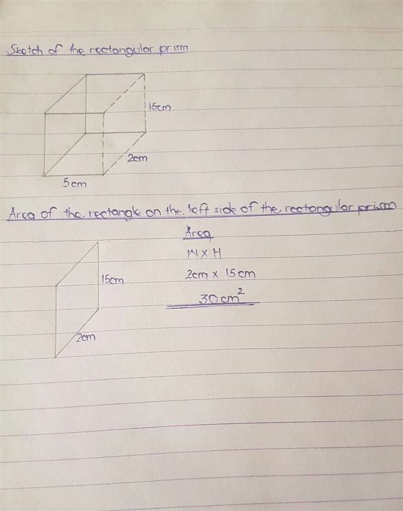 the total surface of the rectangular prism is height 15cm and length 5cm and width-example-1