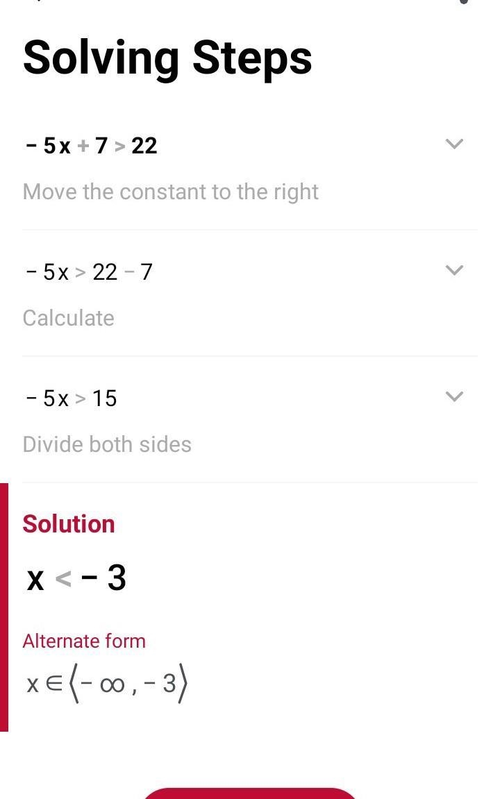 How do I solve -5x+7>22 algebraically?-example-1