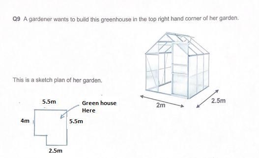 Q9 A gardener wants to build this greenhouse in the top right hand corner of her garden-example-1