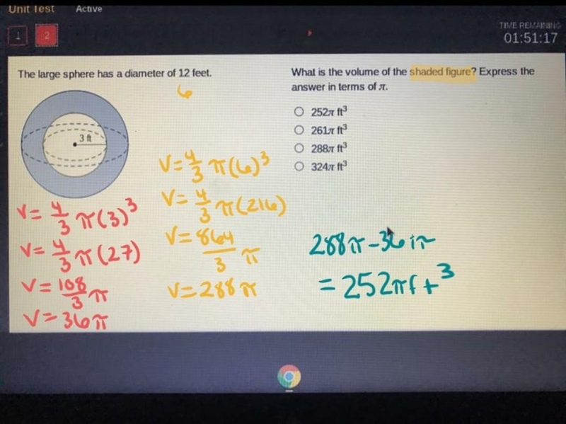 What is the volume of the shaded figure? Express the answer in terms of . 252pi ft-example-1