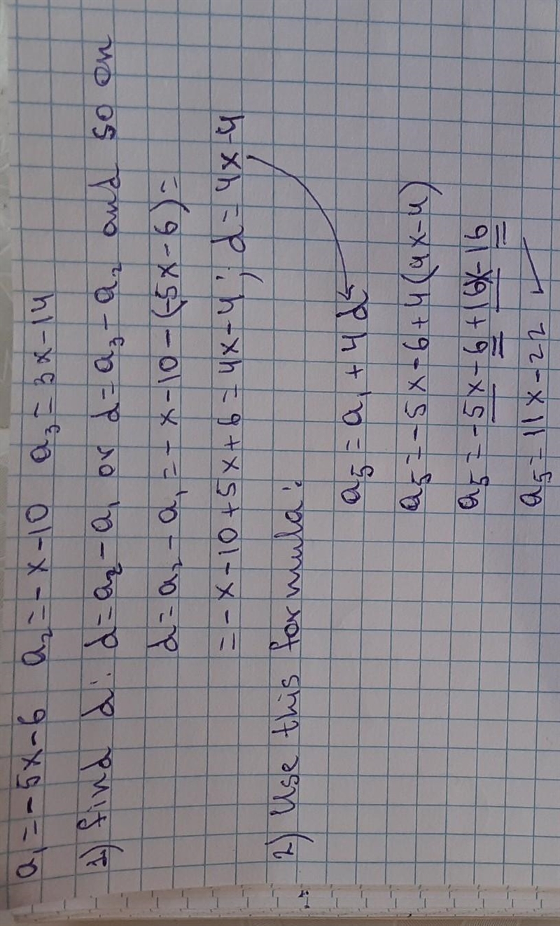 Find the 5th term of the arithmetic sequence −5x−6, -x-10,3x−14,.-example-1