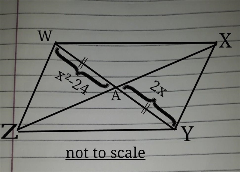 In Parallelogram WXYZ, diagonals WY and XZ intersect at A. WA=x2−24 and AY=2x. What-example-1