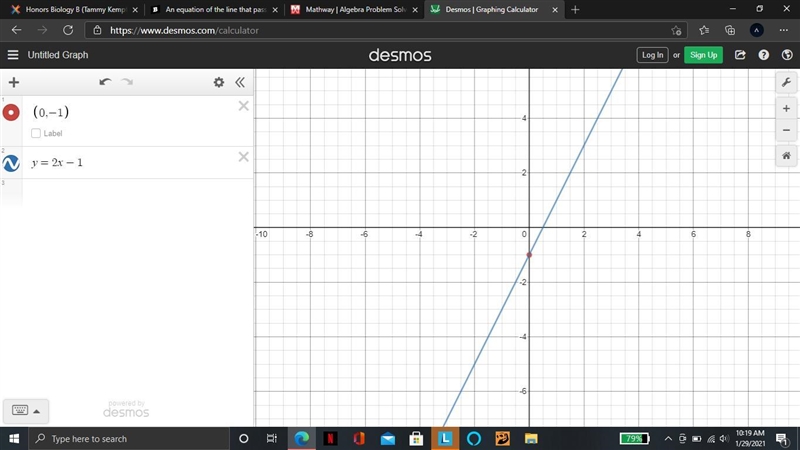 An equation of the line that passes through the point (0, -1) and whose slope is 2 is-example-1