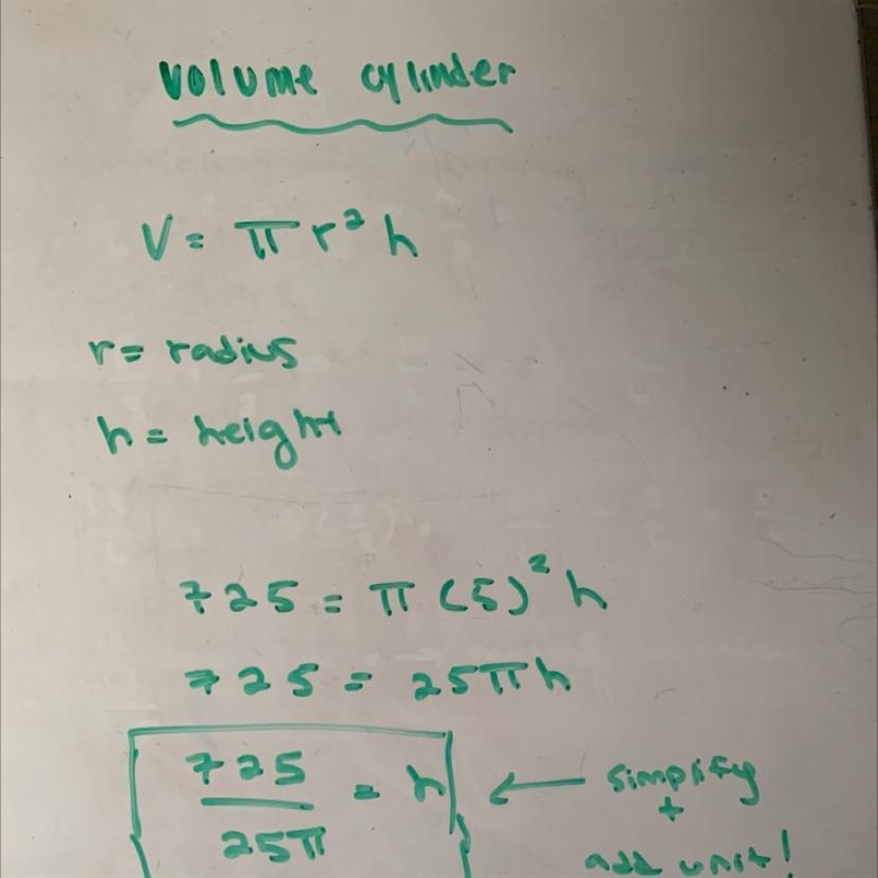 The volume of a cylinder is 725x cm”. The radius of the base of the cylinder is 5 cm-example-1