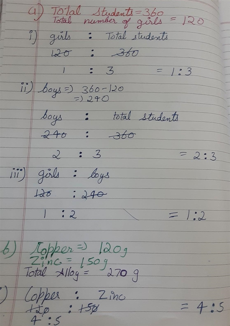 4 a) There are 360 students in a school and 120 of them are girls. (i) Find the ratio-example-1