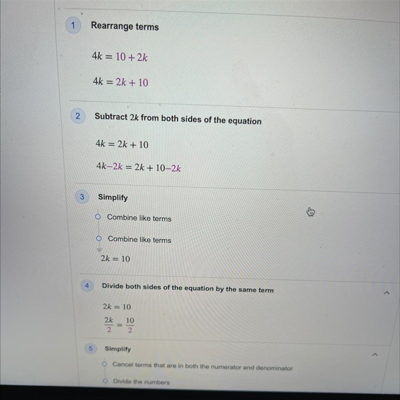 Solve for k 4k=10+2k​-example-1