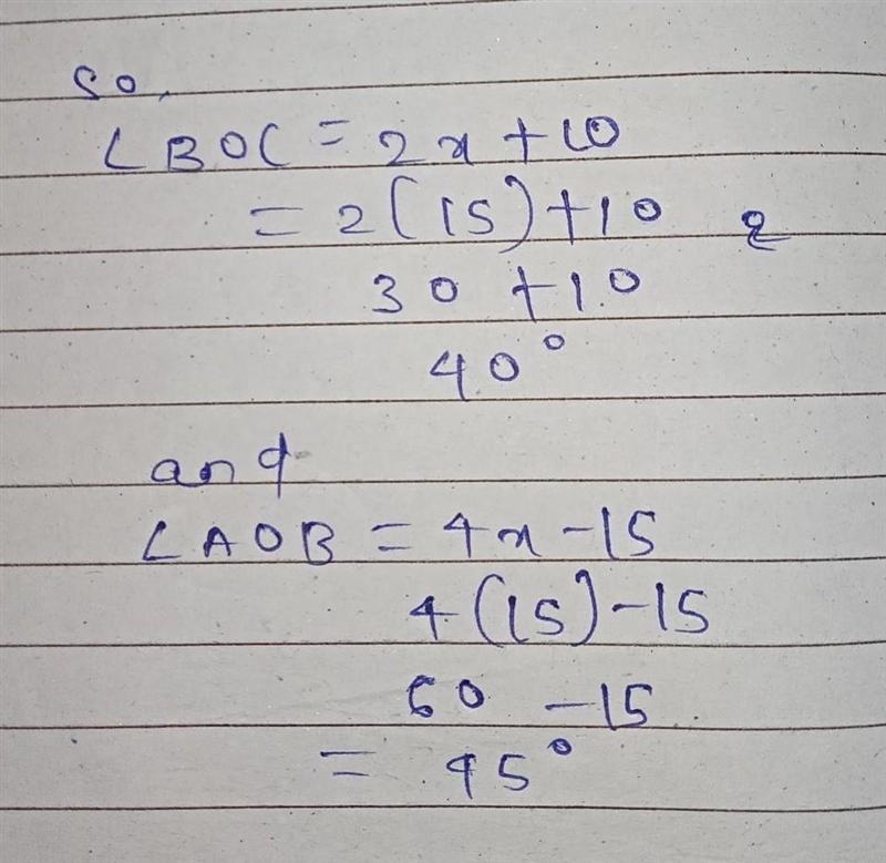 PLEASE HELP If m < AOC = 85°, m ZBOC = 2x + 10, and m < AOB = 4x - 15, find-example-2