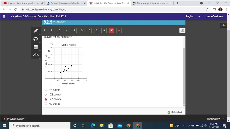 The scatterplot shows the number of minutes Tyler played in his last eight basketball-example-1