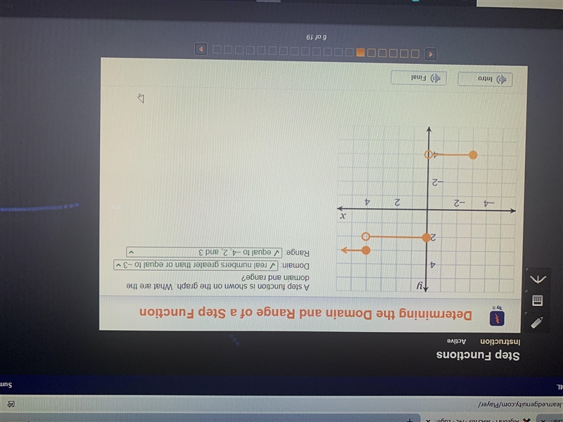 A step function is shown on the graph. What are the domain and range? Domain: Range-example-1