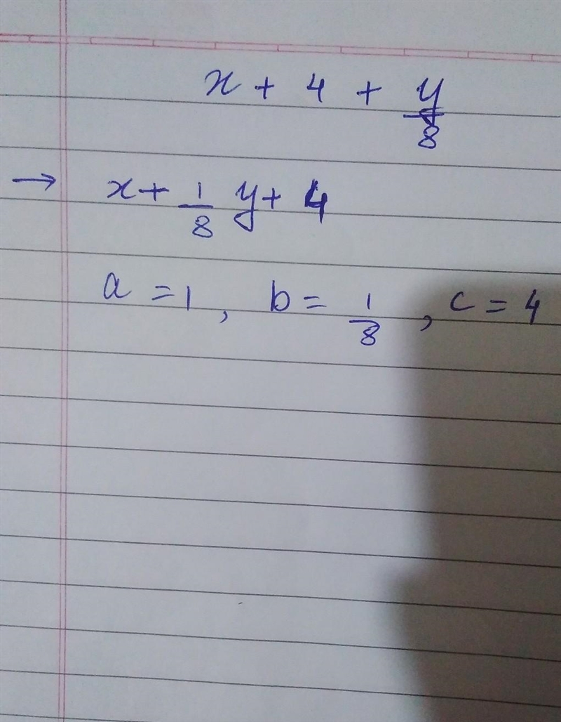 Rewrite the polynomial in the form ax + by + c and then identify the values of a, b-example-1