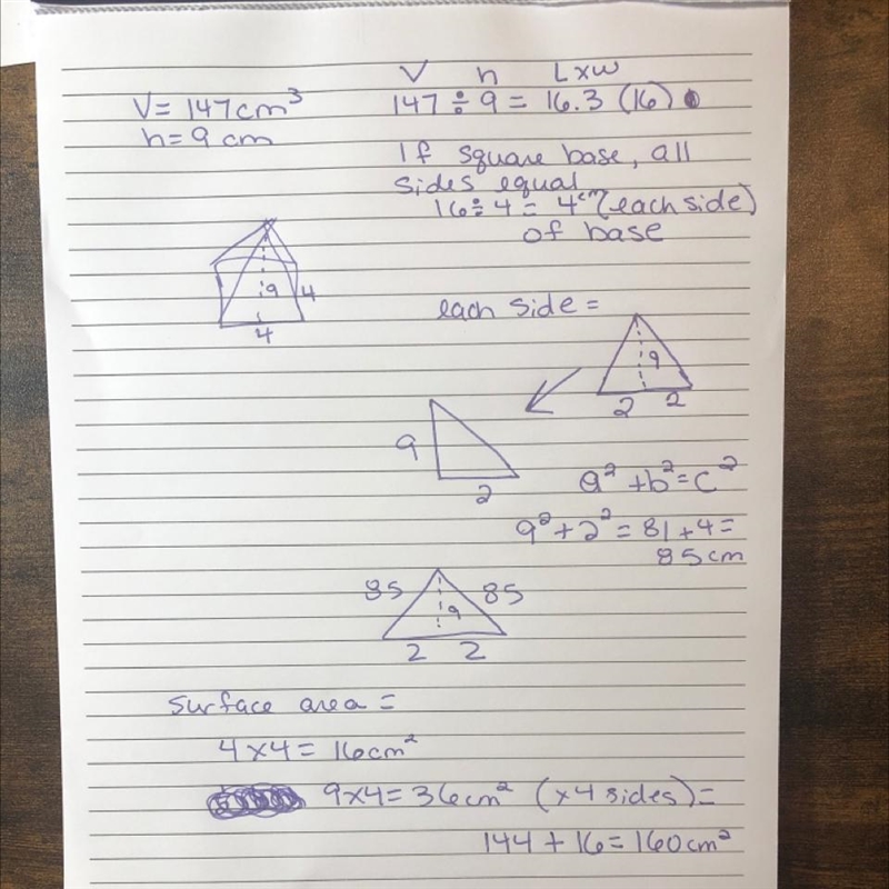 3 2. A square pyramid has volume 147cm . The height of the pyramid is 9 cm. a.) What-example-1