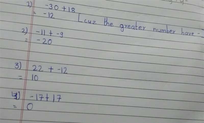 Find each of the following sums. A. - 30 + 18 B. - 11 + - 9 C. 22 + - 12 D. - 17 + 17-example-1