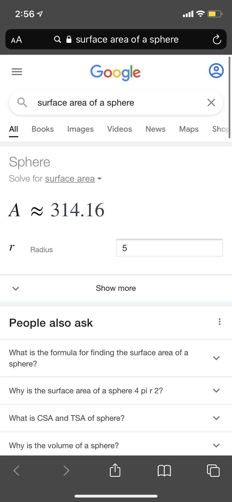 Find the surface area of the sphere with a radius of 5.-example-1