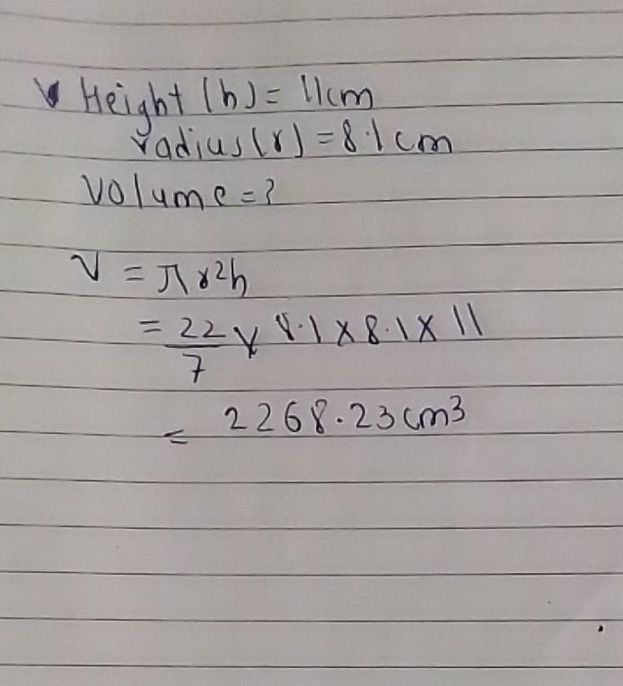 The Volume of a cylinder is given by the formula V = πr ²h where r is the radius of-example-1