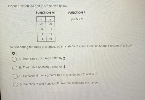 A. Their rates of change differ by 2. B. Their rates of change differ by 4. C. Function-example-1