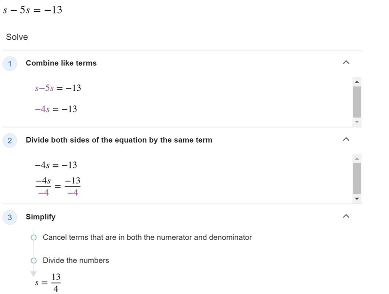 Solve for s -5s=−13 .-example-1