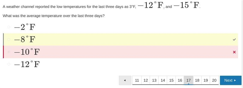 A weather channel reported the low temperatures for the last three days as 3°F, -12°F-example-1