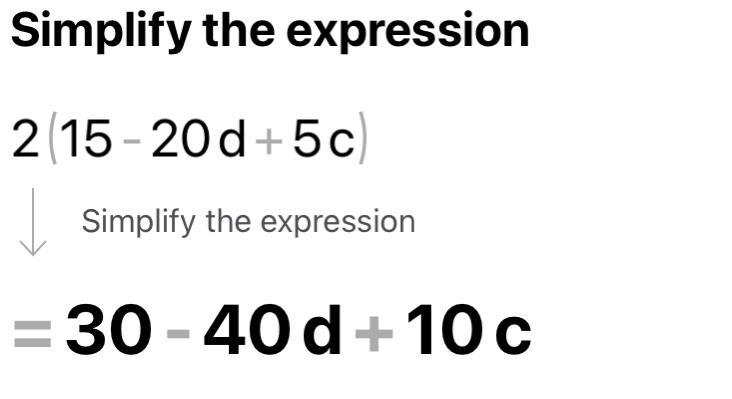 What are all the expressions that equivalent to 2(15 - 20d + 5c)-example-1