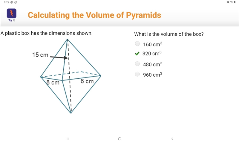 A plastic box has the dimensions shown. 2 square pyramids are stacked on their bases-example-2