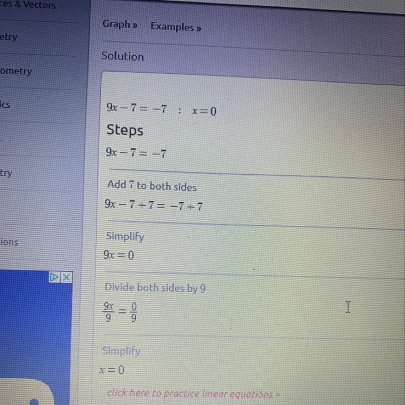 9x-7=-7 what is x in the equation?-example-1