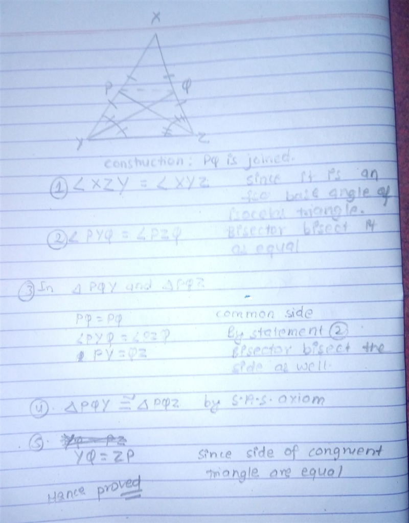 In the adjoining figure, XY = XZ . YQ and ZP are the bisectors of \angle XYZ and \angle-example-1