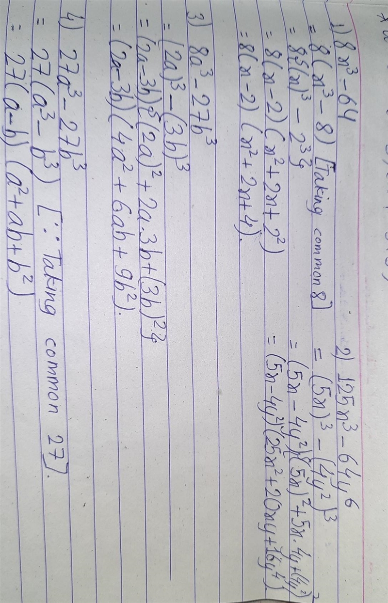 Factoriza la diferencia de cubos 1) 8x³ -64 2) 125x³- 64y{6} 3) 8a³- 27b³ 4) 27a³- 27b-example-1