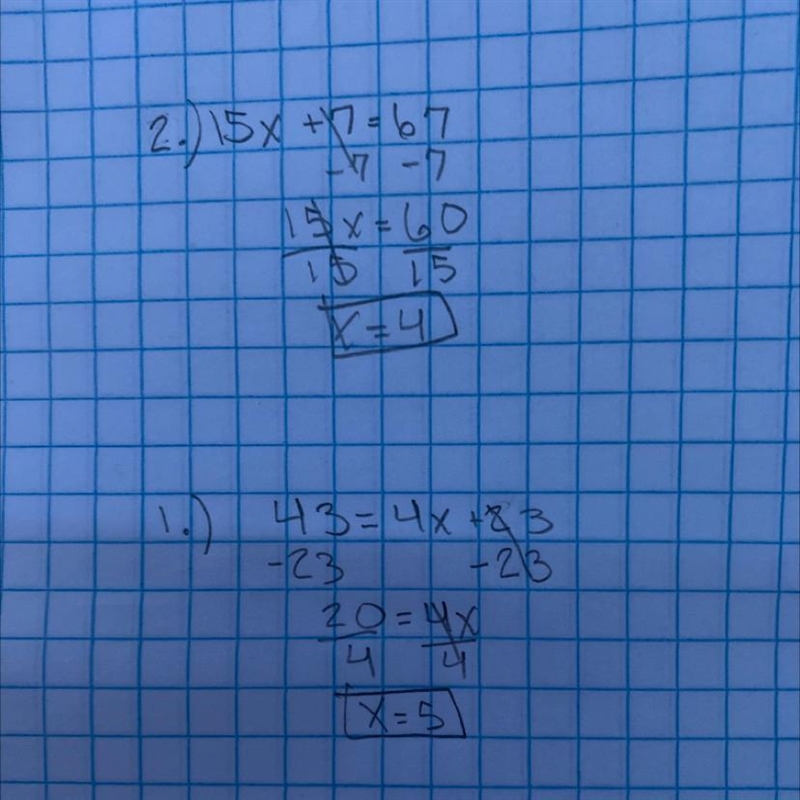 43=4x+23 Describe the math aperation 15x+7=67​-example-1