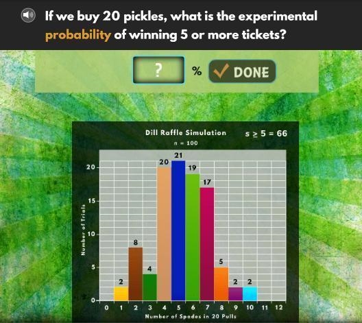 If we buy 20 pickles what is the experimental probability of winning 5 or more tickets-example-1