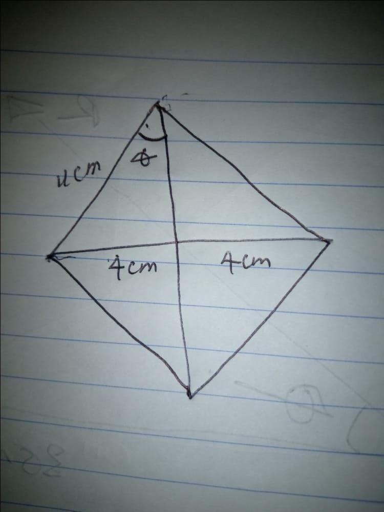 A rhombus has sides 11cm long the shorter diagonal of the rhombus is 8cm long find-example-1