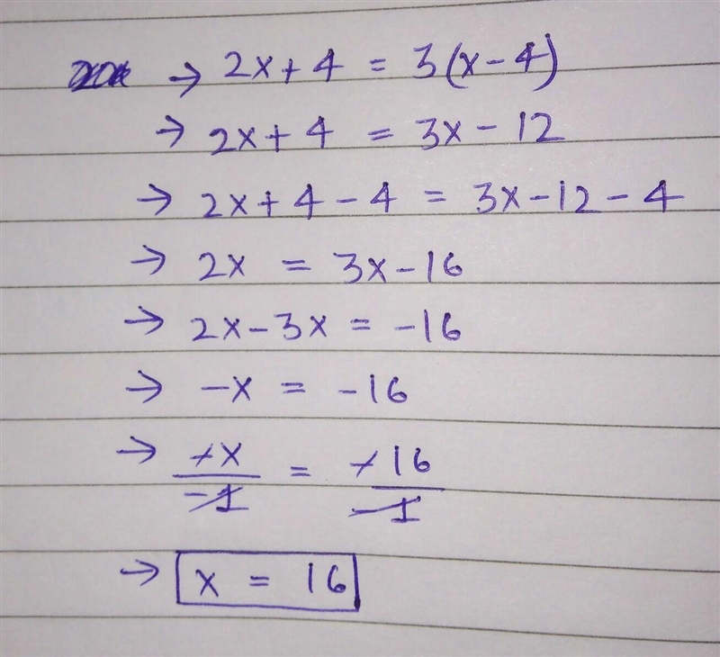 Please solve the equation below. 2x+4=3(x-4)-example-1