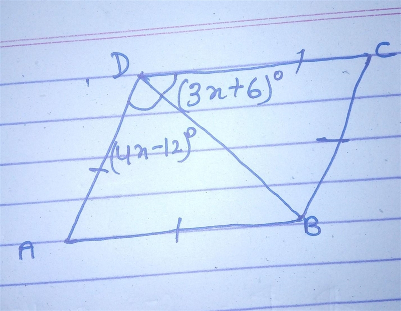 Rhombus ABCD has a diagonal BD¯¯¯¯¯. m∠ADB=(4x−12)° m∠CDB=(3x+6)° What is the m∠ADC-example-1