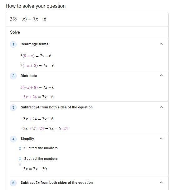 3(8 - x) = 7x - 6 Can someone explain how to get the answer please-example-1