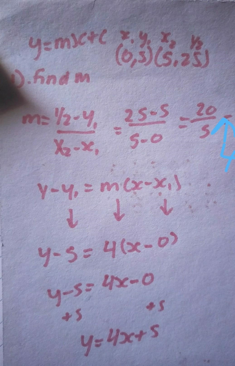 What is the equation of line AB if A(0,5) and B(5,25)?​-example-1