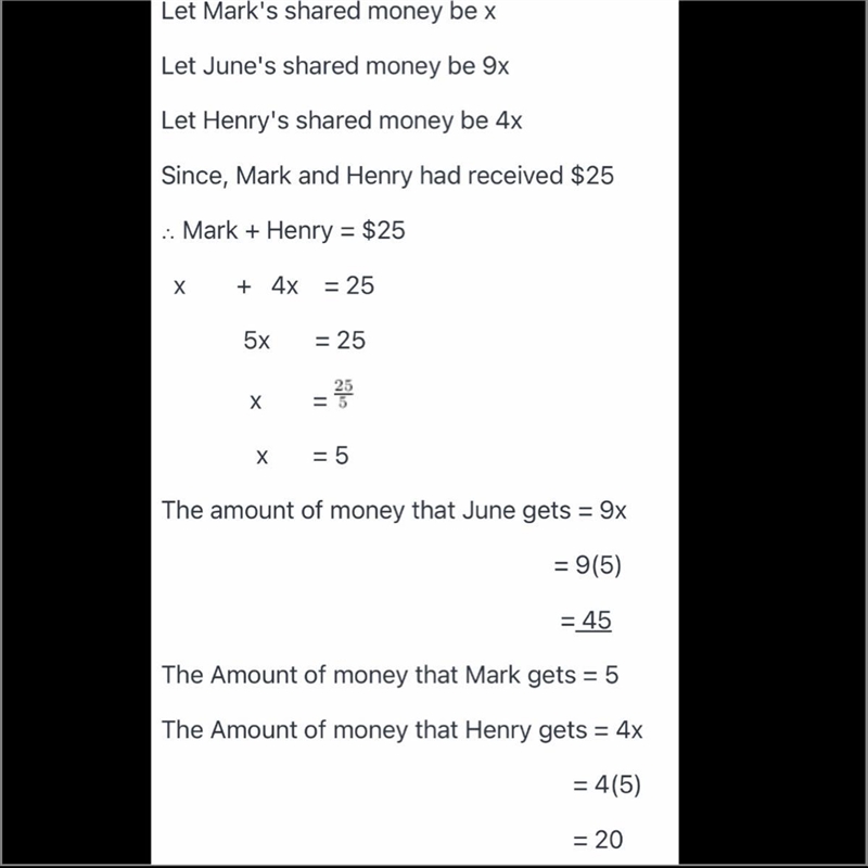 Mark, June & Henry share some money in the ratio 1:9:4. In total, Mark and Henry-example-1