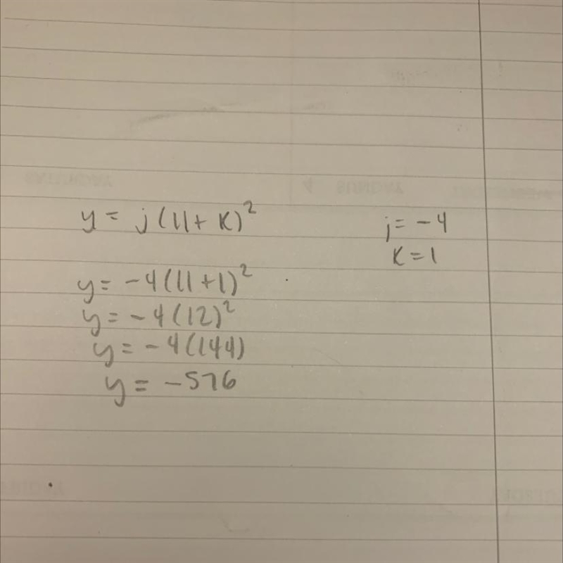 Y = j(11 + k) ^ 2 when j = -4 and k = 1 Thank you so much !!!❤️❤️❤️-example-1