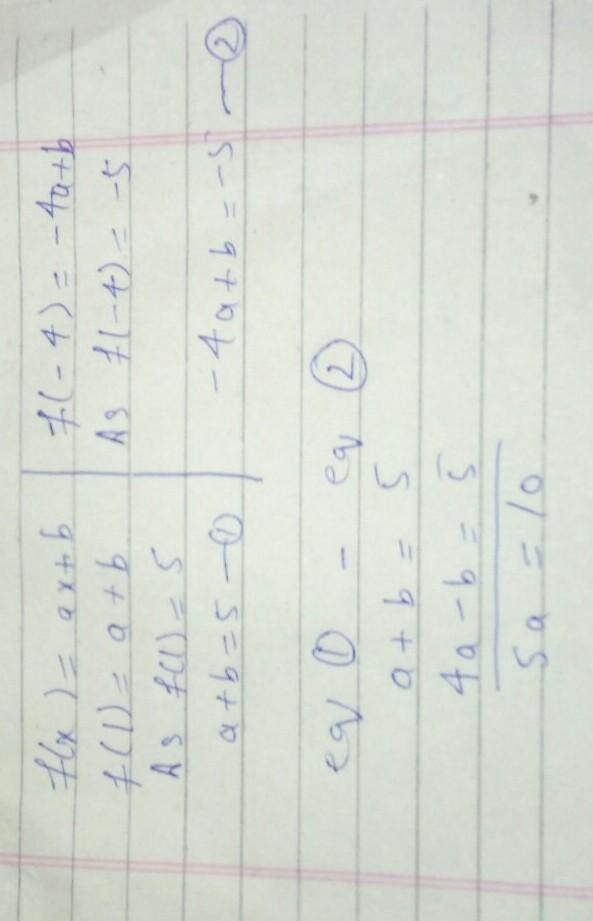 Let f:R+ R be defined by f(x)= ax+b, x £ R. If f(1) =5 and f(-4)= - 5, find the values-example-1