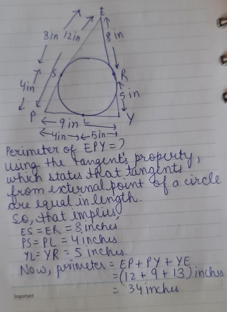 12 Find the perimeter of APYE. 8 in. 12 in. s RI 9 in. in. Perimeter =-example-1