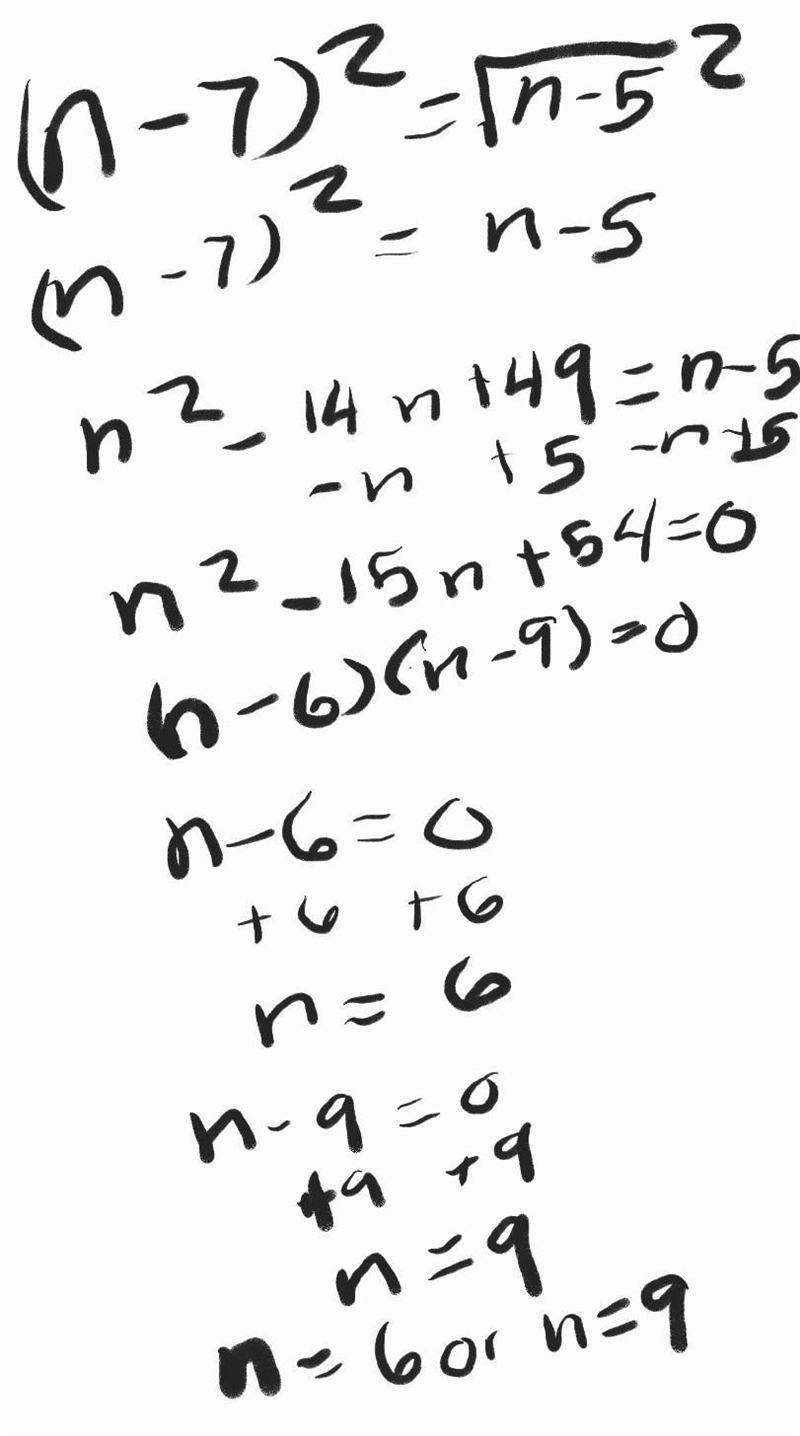 N-7=sqrt(n+5) Solve the following equation for all the values of y.-example-1