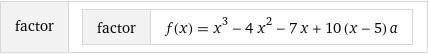 Find factors of f(x)=x^3-4x^2-7x+10 when (x-5) is a factor-example-1